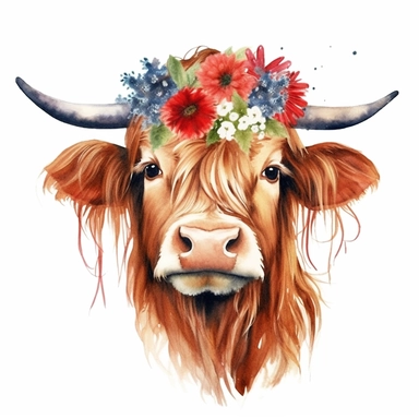 Patriotic Long Haired Calf, Highland cow face clipart, Western ,farm cow, clipart, red, usa flag headband, usa flag bandana, watercolor, white background, with flower under hignland cow neck