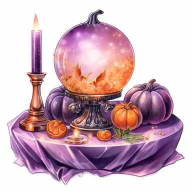 hand drawn glowing crystal ball sitting on a table with crystals, tarot cards, a wand, candles and a pumpkin, Halloween, purple and orange shades,fantasy, glamorous, , clipart style, detailed and realistic, watercolor, white background with margins