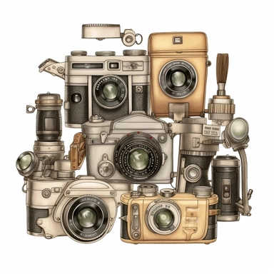 Clipart, digital illustration, detailed, realistic. Neutral colors. Old Cameras and phones, cute