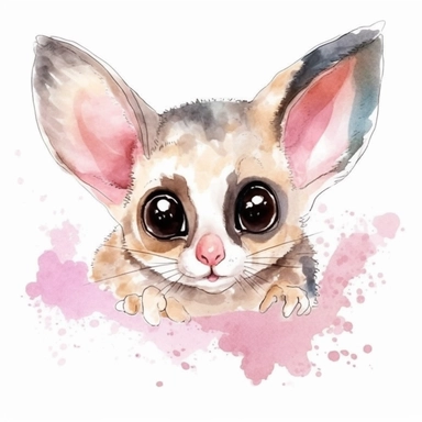 watercolor clipart of Tiny and adorable sugar glider, super cute, loveable, big eyes, white background