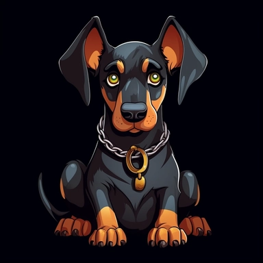 cute cartoon doberman dog sitting clipart, black background,--no cut off edges