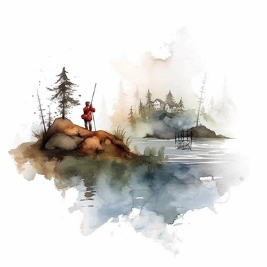 one illustration of fishing Watercolor clipart on a white background, in the style of hazy landscapes, nature-inspired motifs, free brushwork, fantasy settings, decaying landscapes, no watermark, text, 300 DPI , typography, shapes do not stick together, no text in the picture, on a white background