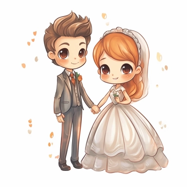 Cute cartoon wedding bride and groom vector, clipart, white background, in the style of elegant realism, muted and subtle tones, detailed painting, transparency and lightness, light orange and dark bronze