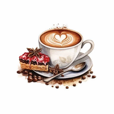 hot cappuccino plan heart and little cake digital clipart on white background