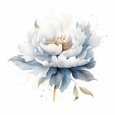 One Dusty blue and white peony flower, big blooms, with muted green whispy foliage with gold flicks, elegant and beautiful floral clipart for wedding invitations, delicate, watercolor, oil painting, defined edge on white background