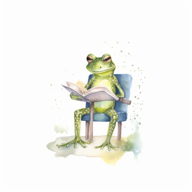 green frog with long arms and legs in yellow shirt and green pants with small flowers, a frog reads a book, many book are lying next to the frog, watercolor, simple style, clipart style, 5 different posses, white background
