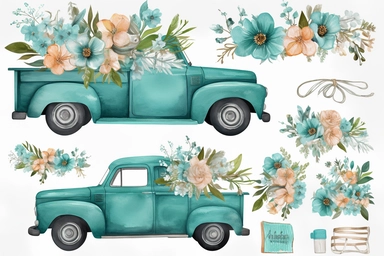 Vintage Flower Truck Clipart, Teal Ford Chevy Truck, Watercolor Truck painting