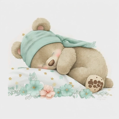an ultra Cute little newborn baby teddy bear wearing mint green shabby chic floral traditional classic pyjamas and bedtime hat lay down on a mint green blankets watercolour, cute,, bedtime, sleepy, dreamy, isolated on white background, Clipart