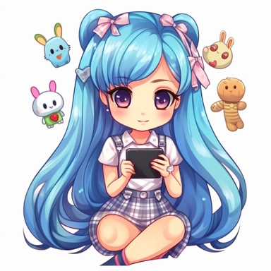 cartoon drawing of a cute bloned girl wearing colourful baby blue plaid dress with white collar, holding a flip phone and and looking at you with doe eyes, the girl has fringe with there are lots of colourful hair clips on the hair, heart shapes clips, bunny shapes clips, and tiny ribbons clips, her arms have cute minimalistic tattoos in bunny shape, heart shape, bear shapes, and bird shapes, drawing in y2k style, retro style, 2000s style, cyber y2k style, drawing style similar to Japanese Sailo