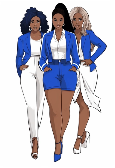 vector illustration of full body detailed melanin beautiful sorority girls wearing royal blue and white with white background.. no watermark! vector clipart, character drawn with thick black lines like for a coloring book! with no watermarks
