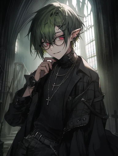 anime boy, messy dark green hair, red eyes, sharp teeth, choker necklace, grey black striped sweater, black pants, hair clip, goth, punk, red, gothic, lip ring, round glasses, pointed ears, vampire, gothic background, church, black jacket, full body, man, male, tattoos