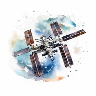 A clipart of the International Space Station orbiting Earth, created in watercolor style, all on a white background.