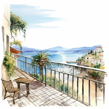 coastal view from a balcony , very detailed and realistic, watercolor, white background with margins, clipart style