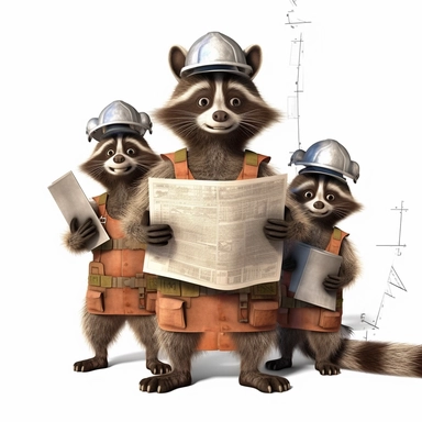 a raccoon holding a blueprint, 6 racoons construction a building , clipart by Sarah Anderson, pure white background