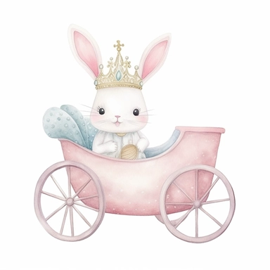 watercolor clipart, adorable knitted kawaii royal baby bunny on royal buggy, baby nursery, 8k, hd, isolated on a white background