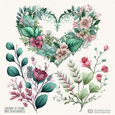 green and pink Floral Hearts Clipart, flower heart Valentine illustrations,white background
