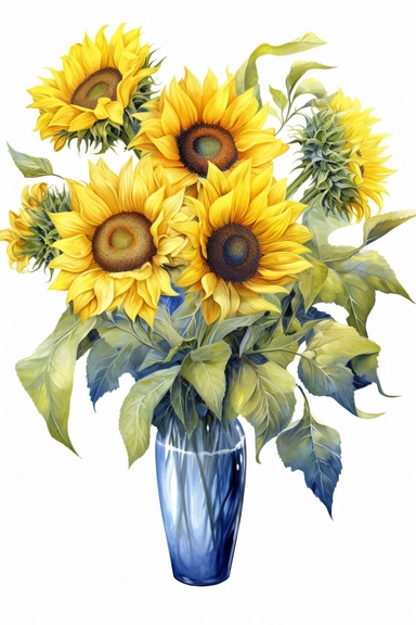 bunch of sunflowers and sunflower leaves and buds in a blue vase, original hand drawing, watercolor, understated and flawless coloring image, realistic image, transparent background, realistic painting, portrait without writing clipart, plain isolated white background, 8k ultra detail high sharpness