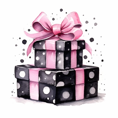 Watercolor pink and black birthday gift drawing, illustration clipart, high detailed, white background, digital art