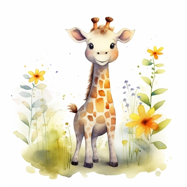 Watercolor illustration of a adorable happy full body giraffe, garden, organic forms, muted tones, soft, hazy brushstrokes, bruno munari, tsubasa nakai, simple designs, bloomcore, clipart, isolated on a white background, hd, beautiful