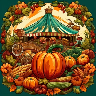 Harvest Festival: A vibrant, in rich shades of red and deep green. The design showcases a bountiful cornucopia surrounded by ripe pumpkins, carnival rides, vector, clipart,hd
