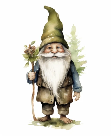 watercolour illustration for clipart, isolated smiling full length woodland gnome, large blue eyes, green and brown clothes, muted earthy tones, botanical, white background, nothing in the background