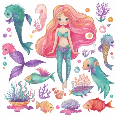 enchanting Cartoon Magical Mermaid Clipart! Dive into a world of whimsy and wonder with these detailed and adorable mermaid illustrations. Each mermaid is meticulously designed with charming features, vibrant colors, and intricate details that will captivate both children and adults alike. With a white background, these clipart images are versatile these cute and lovable mermaids are sure to make a splash! Let your imagination swim free with our delightful mermaid clipart