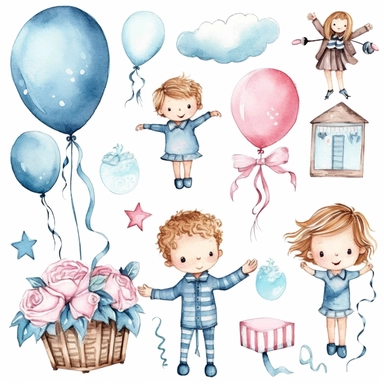 watercolor illustration, cute gender reveal doodle clipart, boy or girl, high resolution, detailed doodle, white background, items clipart for baby shower gender reveal, mom to be
