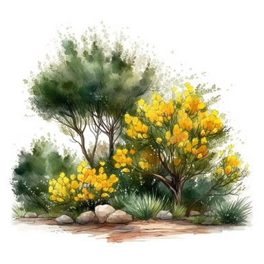 clipart, yellow bushes and scrubs, solid watercolor art style, ultra realism, pure white background