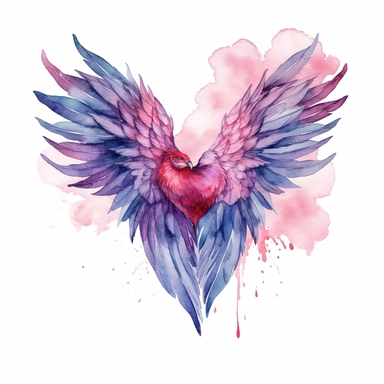 single wedding heart with wings clipart, in the style of watercolor on a white background