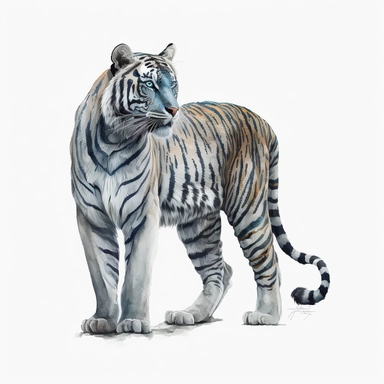 a clipart, a full body wide shot of the tiger, the tiger with kind look, in the style of Aladdin tales, gothic style, soft blue watercolours, white background, no caption, no mockup
