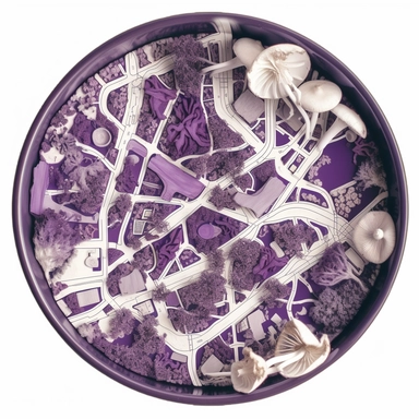 top-down view of a round scientific culture dish containing a simple map of a city block made with white fungal mycelium threads for the roads, a few major landmarks are small purple mushrooms, clean white background, iconic, clipart style