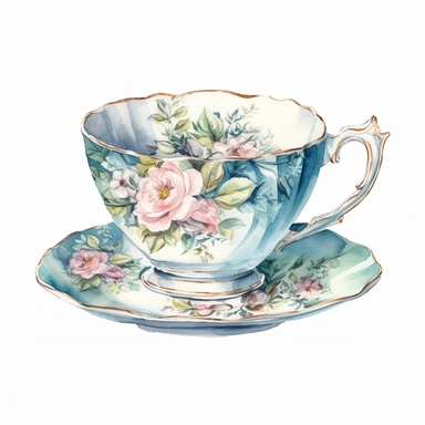 vintage tea cup, hyper realistic, pink, blue, green, watercolor clipart, white background