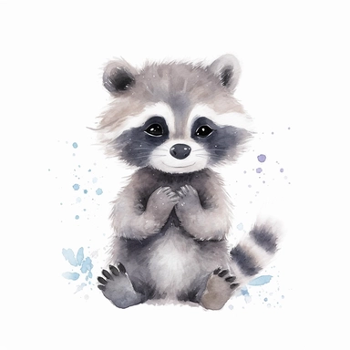a dreamy baby raccoon with kind eyes clipart with watercolor illustration,full body shot,8k,etsy style, white background