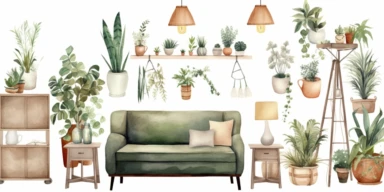 watercolor illustration. Mood board with modern furniture, houseplants and decor elements. Interior home clip art collection isolated on white background