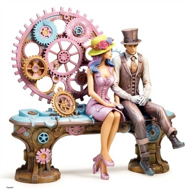 Step into a mesmerizing steampunk realm with our enchanting pastel-colored bench, adorned with gears and cogs. Set amidst a stunning display of steampunk flowers in soft pastel hues, the bench becomes a focal point of beauty and charm. The steampunk couple seated on the bench embraces the retro-futuristic atmosphere, with their attire featuring gear-shaped buttons, pocket watches, and stylish top hats in complementary pastel shades. This hyper-realistic pastel clipart against a clean white backg