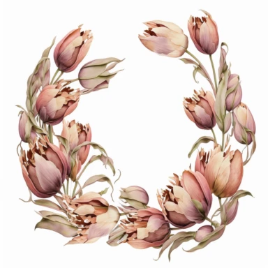 rounded horseshoe arch of tulips. clipart. watercolor. dusty pink/rose pastel tones. white background