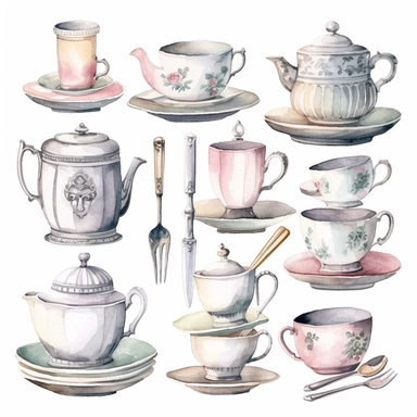 Watercolor vintage tea party items, illustrations clipart set, simple, soft colors, cartoon elements, different variants, teapot, sugar bowl, jug of milk, , stacked china plates, tongs, china cup and saucer,napkin, stacked teacups, ,silver knife, ,silver fork, ,silver spoon,napkin, place holders, separate elements with a margin