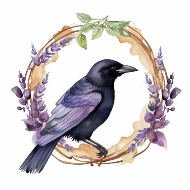 a cute fluffy fat raven on a branch, wreath, in a circle, clipart, white background, watercolor, Art Nouveau, highly detailed