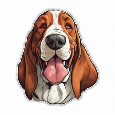 cute Basset Hound, happy and smiling, bold line, clipart, sticker, white background, no shadow, 8k detail