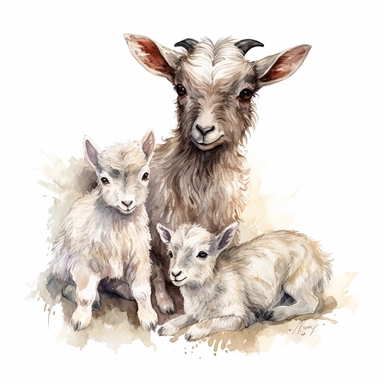 new born baby dwarf Nigerian goats with their mother, very detailed and realistic, watercolor, white background with margins, clipart style