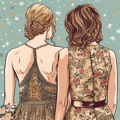 clipart of adult bestfriends, friends forever, back facing, wearing elegant sequined dress, fashionable glam, closeup