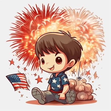 Super cute, American flag with army kid Sublimation Clipart, Cartoon funny, Cute anime, Very detailed, firework background