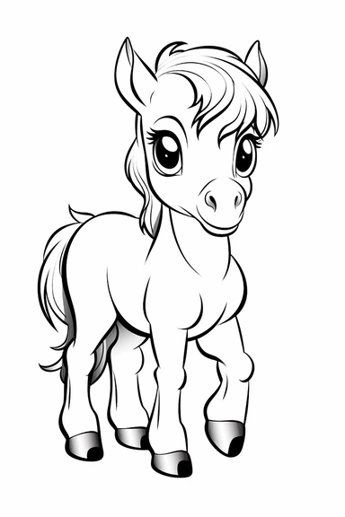 pixar baby Horse clipart, simple line art, monocromatic, isolated on white background, color image, full body, stroke line art, for toddler coloring, 8k
