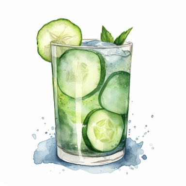 Cucumber Cooler: A cooling drink made with muddled cucumber, gin, lime juice, simple syrup, and soda water.watercolor, clipart