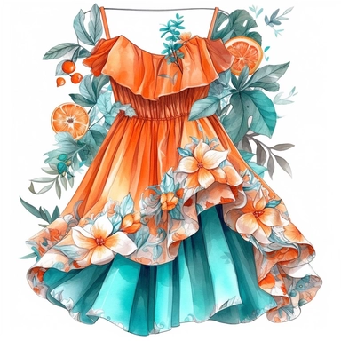 watercolor, hyper realistic, white background, white margins, 16k, ultra detailed clipart, cut out image, hand-drawn, whimsical a flowing, off-the-shoulder dress with a tropical print, perfect for a beach party. vibrant Orange and Turquoise