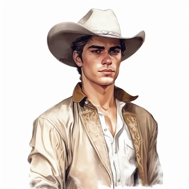 beautiful stunning handsome vintage cowboy young man, tarot style, paint art style, clipart, white background, superrealistic, one of a kind