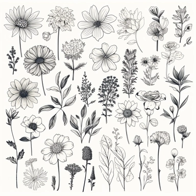 clipart collection of hand drawn flowers, pure minimalism, 2d style, based on printed graphics, white background, no watermark, text, words, brushes, typography, images The pictures don't stick together, just a flower on a white, crisp black background
