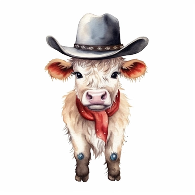A watercolor Baby Highland Cow with a cowboy hat on its head, Watercolor, Clipart, sweet, cute, transparent background PNG