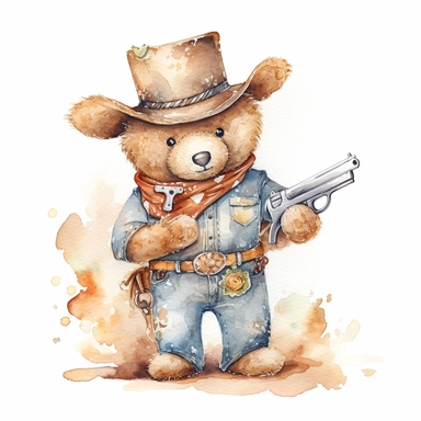 A cute watercolor clipart of a teddy bear dressed in Wild West cowboy attire, with a hat, boots, and a bandana around its neck. The bear has a confident stance and a revolver in its holster