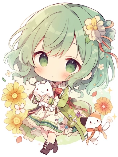 cute anime chibi girl, summer style, green hair, upbeat attitude, clipart, no background
